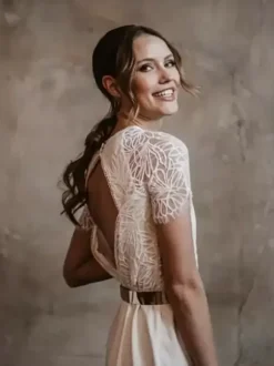 Bridal Jumpsuit Stretch Crepe Pleated Ankle-Length Jumpsuit Jewel Neck Short Sleeves Natural Waist Ivory