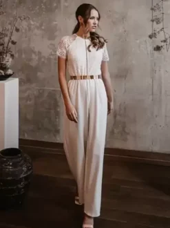 Bridal Jumpsuit Stretch Crepe Pleated Ankle-Length Jumpsuit Jewel Neck Short Sleeves Natural Waist Ivory