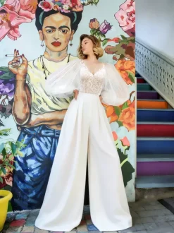 Bridal Jumpsuit Tulle Lace Floor-Length Jumpsuit V-Neck Long Sleeves Natural Waist White