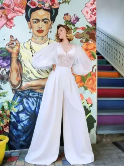Bridal Jumpsuit Tulle Lace Floor-Length Jumpsuit V-Neck Long Sleeves Natural Waist White