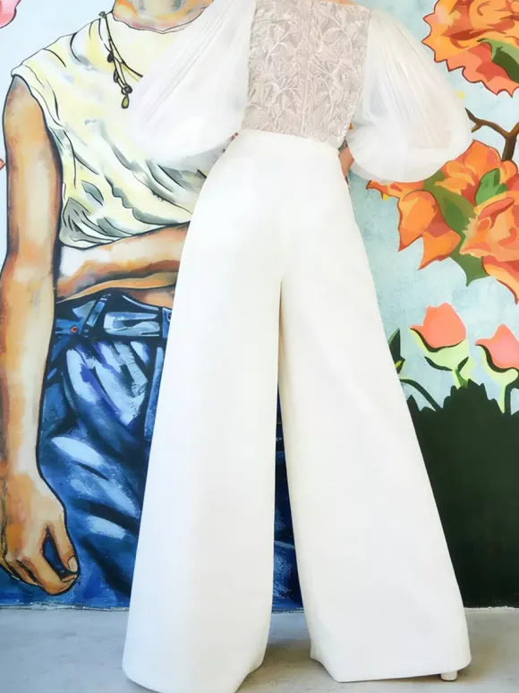 Bridal Jumpsuit Tulle Lace Floor-Length Jumpsuit V-Neck Long Sleeves Natural Waist White