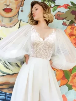 Bridal Jumpsuit Tulle Lace Floor-Length Jumpsuit V-Neck Long Sleeves Natural Waist White