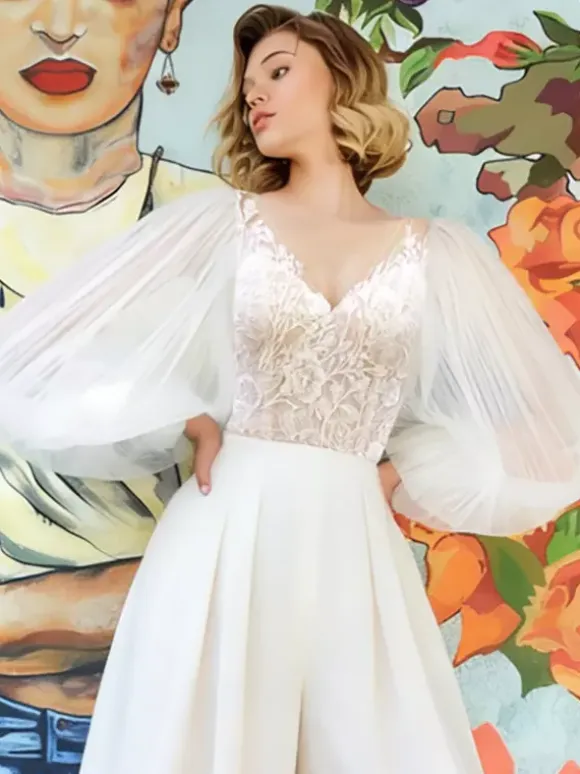 Bridal Jumpsuit Tulle Lace Floor-Length Jumpsuit V-Neck Long Sleeves Natural Waist White