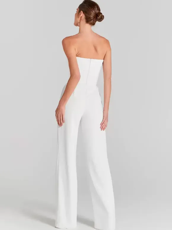 Bridal Jumpsuit Tulle Pearls Floor-Length Jumpsuit Designed Neckline Long Sleeves Natural Waist Ivory