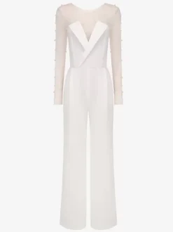 Bridal Jumpsuit Tulle Pearls Floor-Length Jumpsuit Designed Neckline Long Sleeves Natural Waist Ivory