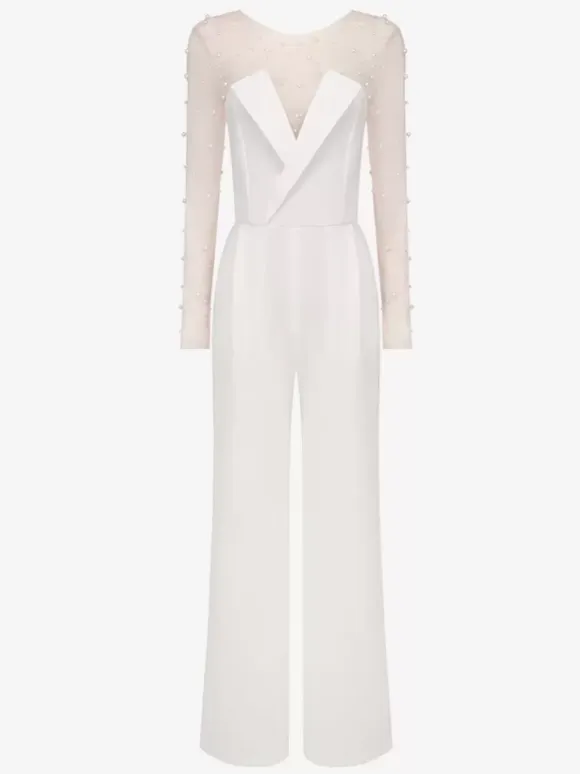 Bridal Jumpsuit Tulle Pearls Floor-Length Jumpsuit Designed Neckline Long Sleeves Natural Waist Ivory