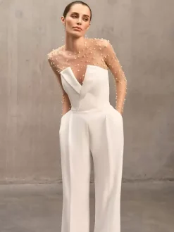 Bridal Jumpsuit Tulle Pearls Floor-Length Jumpsuit Designed Neckline Long Sleeves Natural Waist Ivory