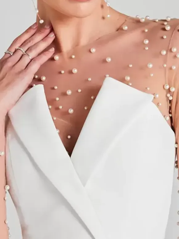 Bridal Jumpsuit Tulle Pearls Floor-Length Jumpsuit Designed Neckline Long Sleeves Natural Waist Ivory
