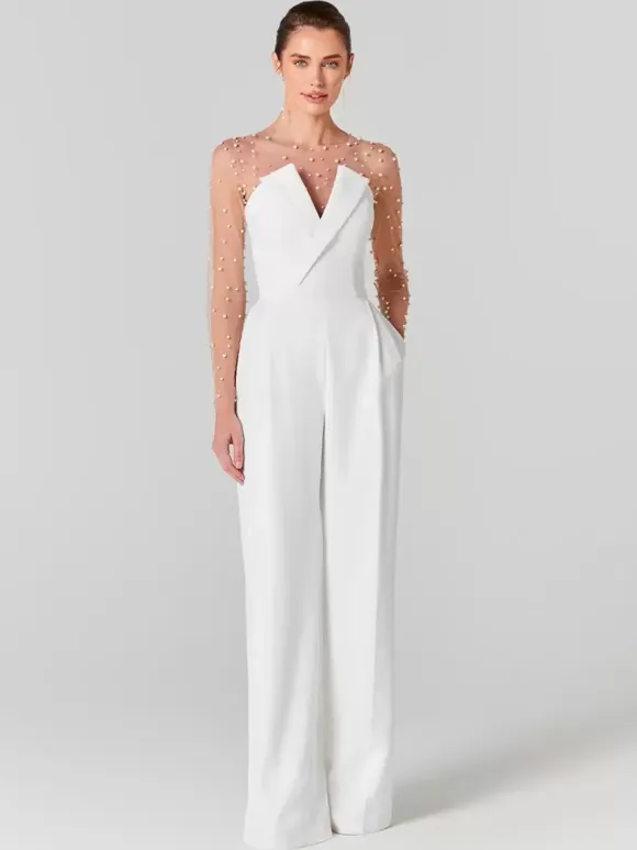 Bridal Jumpsuit Tulle Pearls Floor-Length Jumpsuit Designed Neckline Long Sleeves Natural Waist Ivory