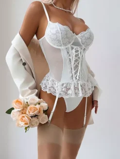 Bridal Lace Lingerie White Bow 2-Piece Bustier Corset Panty Sets