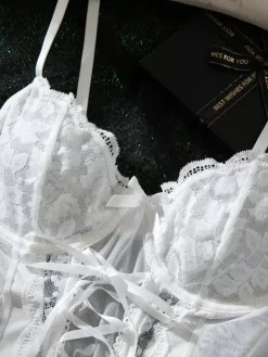Bridal Lace Lingerie White Bow 2-Piece Bustier Corset Panty Sets