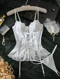 Bridal Lace Lingerie White Bow 2-Piece Bustier Corset Panty Sets