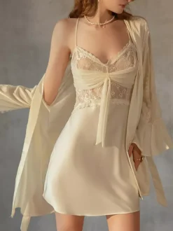 Bridal Lingerie Babydolls Lingerie Women Beige Bows Lace Sheer See Through Polyester Sexy Sleepwear Pajamas