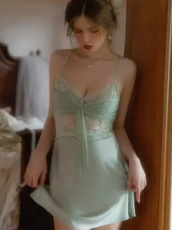 Bridal Lingerie Babydolls Lingerie Women Beige Bows Lace Sheer See Through Polyester Sexy Sleepwear Pajamas