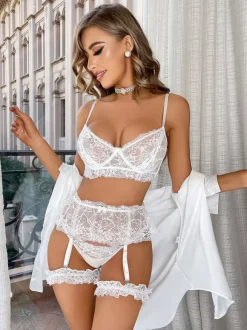 Bridal Lingerie Bra For Woman White Lace 3-Piece Lingerie Bras