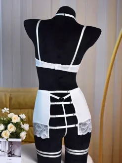 Bridal Lingerie Bridal 4-Piece Set Mesh Sheer Lingerie Lace White Bra Panty Skirt Garter Sets