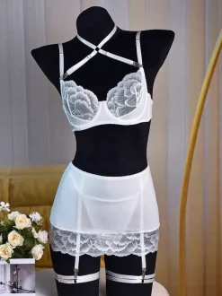 Bridal Lingerie Bridal 4-Piece Set Mesh Sheer Lingerie Lace White Bra Panty Skirt Garter Sets