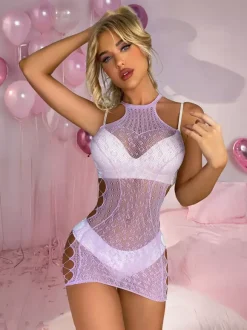 Bridal Lingerie Chemise Blue Leopard Print Mesh Dress Sheer Cut-Out Bodycon Fishnet Panels Lingerie