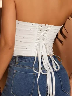 Bridal Lingerie Corsets Bustier Top White Chic Street Wear Studded Lace-up Lingerie