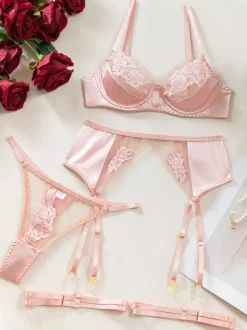 Bridal Lingerie Floral Print Sheer Nets Soft Pink Bra Panty 4-Piece Sets
