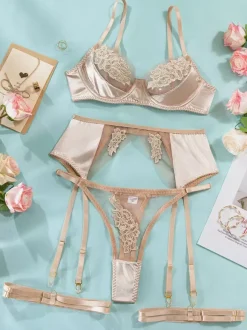 Bridal Lingerie Floral Print Sheer Nets Soft Pink Bra Panty 4-Piece Sets