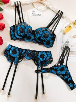 Bridal Lingerie Floral Print Sheer White Bra Panty 3-Piece Sets