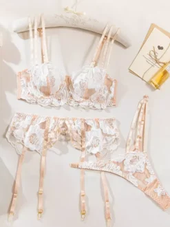 Bridal Lingerie Floral Print Sheer White Bra Panty 3-Piece Sets