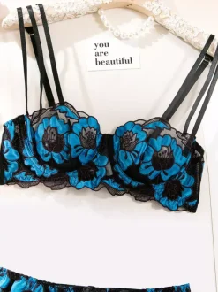 Bridal Lingerie Floral Print Sheer White Bra Panty 3-Piece Sets