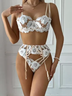 Bridal Lingerie Floral Print Sheer White Bra Panty 3-Piece Sets