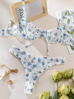 Bridal Lingerie Floral Print Cupless Bows White Bra Panty 2-Piece Sets