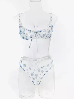 Bridal Lingerie Floral Print Cupless Bows White Bra Panty 2-Piece Sets