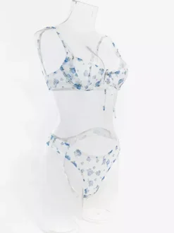 Bridal Lingerie Floral Print Cupless Bows White Bra Panty 2-Piece Sets