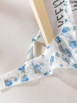 Bridal Lingerie Floral Print Cupless Bows White Bra Panty 2-Piece Sets