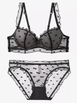 Bridal Lingerie Heart Mesh Eyelash Lace Underwire Bra Panty Lingerie Set