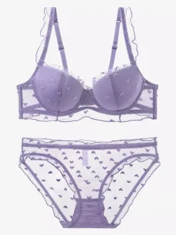 Bridal Lingerie Heart Mesh Eyelash Lace Underwire Bra Panty Lingerie Set