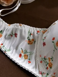 Bridal Lingerie Lace Floral Print White 2-Piece Bra Panty Sets