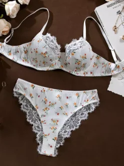 Bridal Lingerie Lace Floral Print White 2-Piece Bra Panty Sets