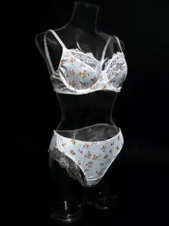 Bridal Lingerie Lace Floral Print White 2-Piece Bra Panty Sets