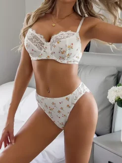 Bridal Lingerie Lace Floral Print White 2-Piece Bra Panty Sets