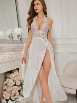 Bridal Lingerie Long Nightgown Lace Halter Translucent Backless Alluring Lingerie