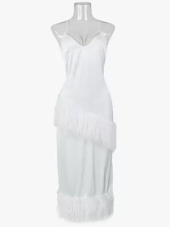 Bridal Lingerie Long Nightgown Feathers Spaghetti Strap Backless Nightgown