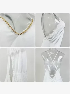 Bridal Lingerie Long Nightgown Feathers Spaghetti Strap Backless Nightgown