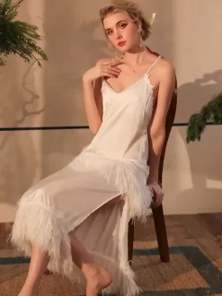 Bridal Lingerie Long Nightgown Feathers Spaghetti Strap Backless Nightgown
