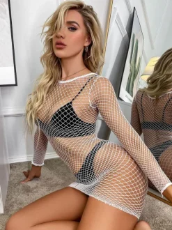 Bridal Lingerie Long Sleeve Chemise Dress White Nylon Fishnet Sexy Lingerie