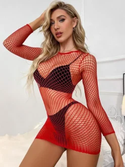 Bridal Lingerie Long Sleeve Chemise Dress White Nylon Fishnet Sexy Lingerie