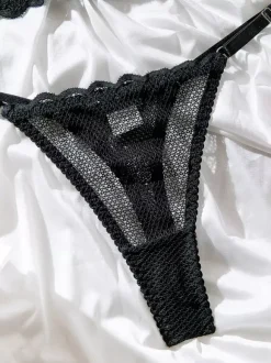Bridal Lingerie Nets Artwork Ruffled Black 2-Piece Bra Panty Sets