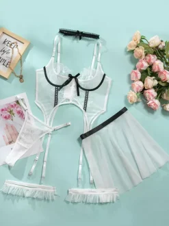 Bridal Lingerie Pajama Sets White Bows Indoor Sheer 5-Piece Lingerie Sets