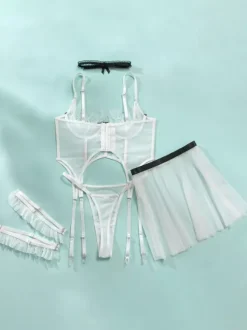 Bridal Lingerie Pajama Sets White Bows Indoor Sheer 5-Piece Lingerie Sets