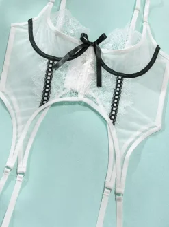 Bridal Lingerie Pajama Sets White Bows Indoor Sheer 5-Piece Lingerie Sets