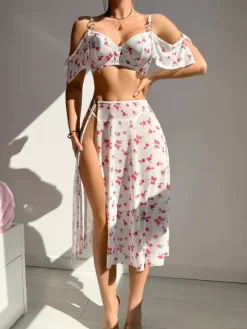 Bridal Lingerie Pajama Sets White Polyester Layered 3-Piece Bra Panty Skirt Lingerie Sleepwear